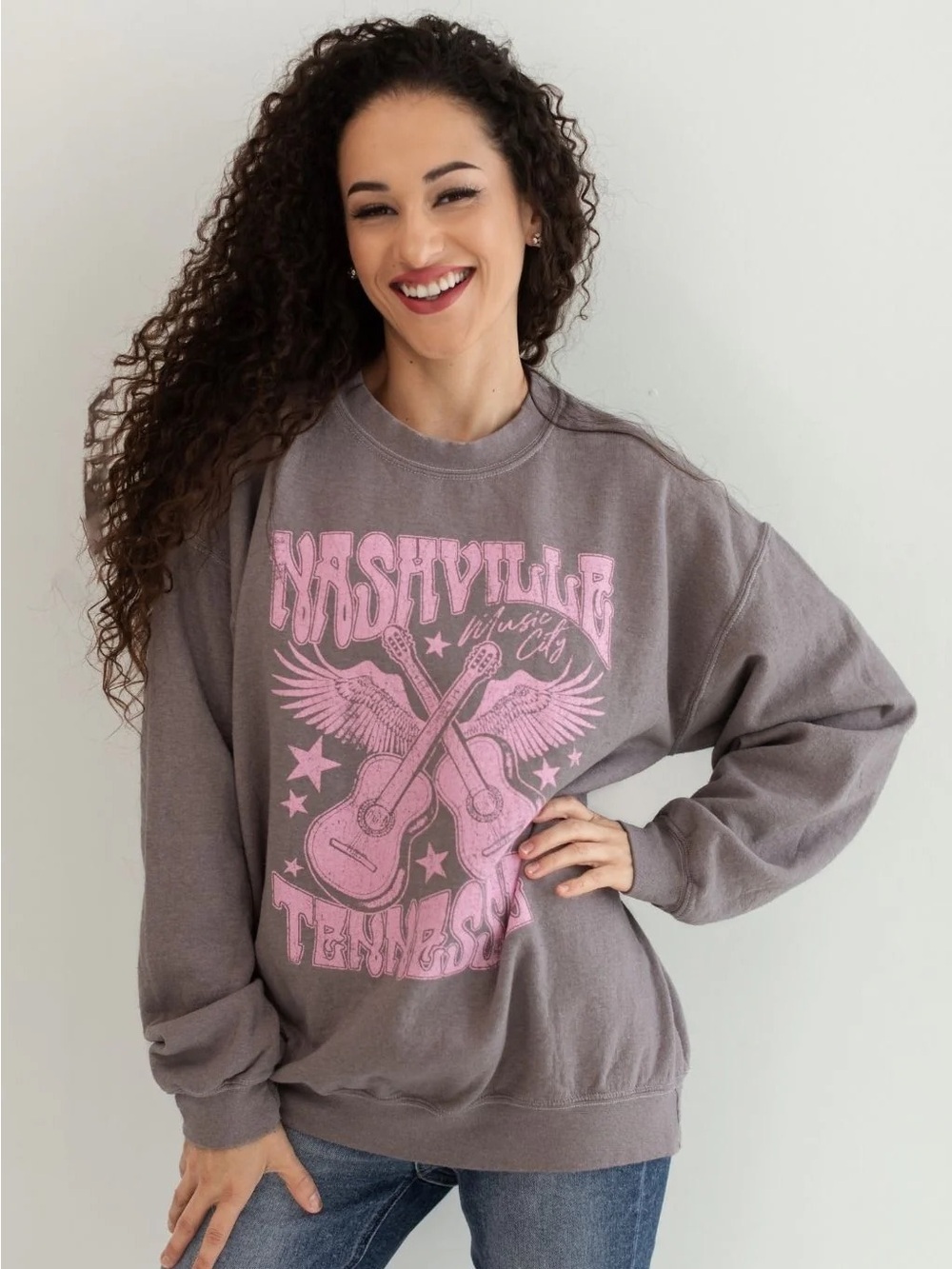 PacSun Gray Crewneck Sweatshirt with Pink Nashville Graphic